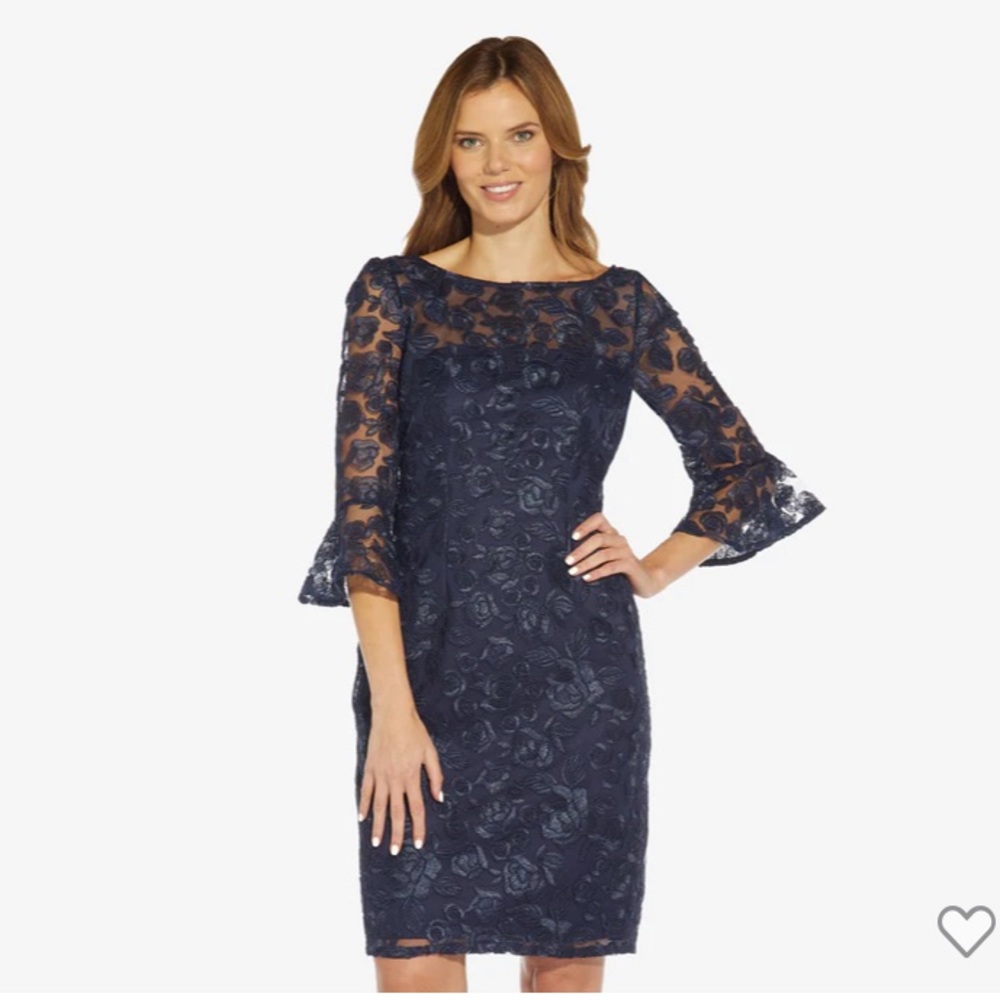 Worn once! BELL SLEEVE ROSE EMBROIDERED SHEATH DRESS IN MIDNIGHT(NAVY BLUE)